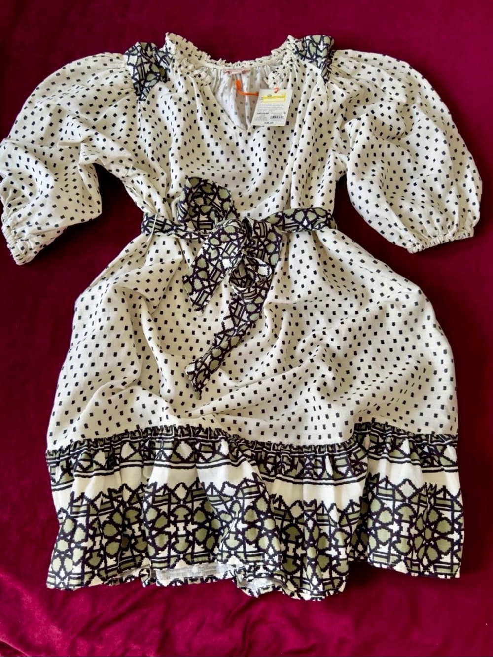 White Puff Sleeve Tiered Dress with Black Geometric Print